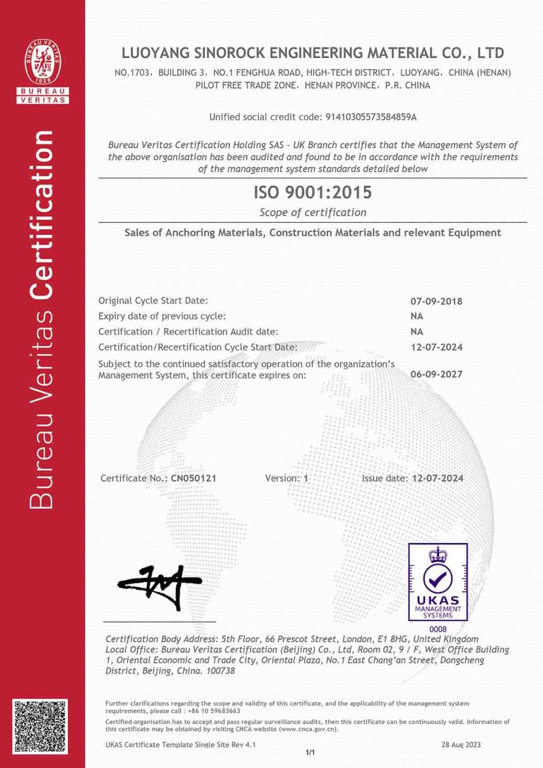 Sinorock ISO 9001:2015 Certification
